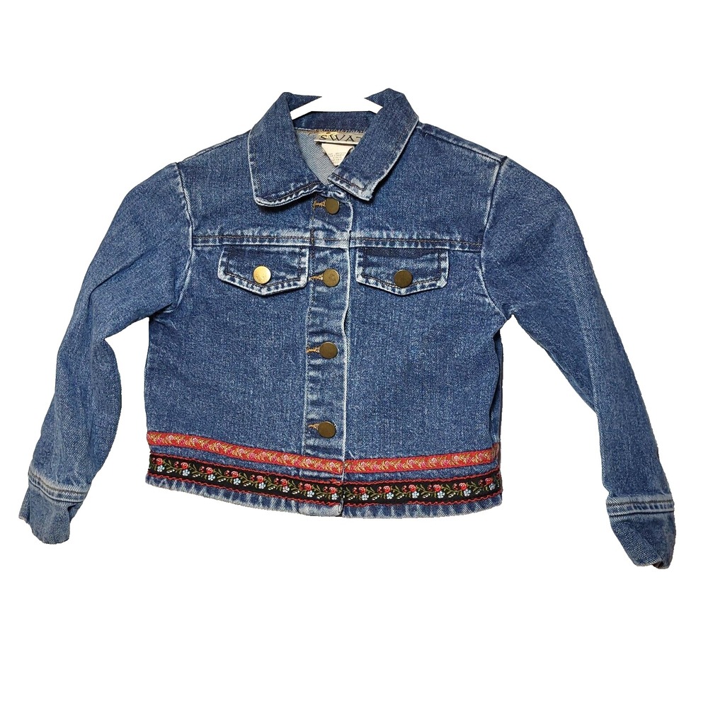 SWAT Blue Denim‎ Jean Jacket Ribbon Trim Brass Button Front Pockets Girls 6X